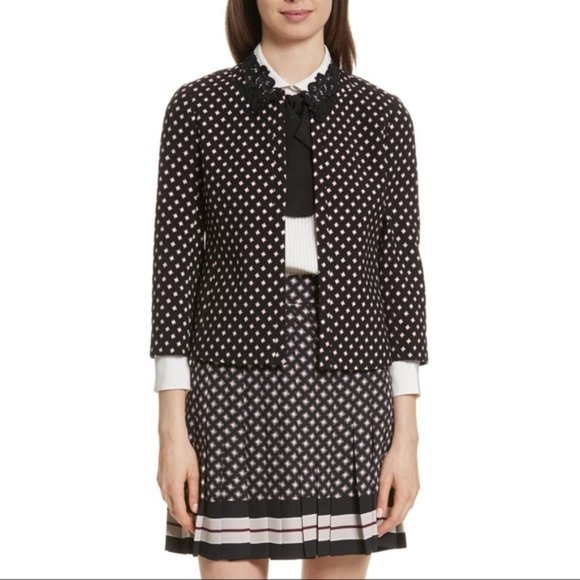 New KATE SPADE Diamond Jacquard Jacket 3/4 Sleeve Black White Maroon Sz 10 - Picture 3 of 10